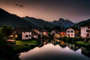 photo wallpaper the sky, mountains, river, house, the village, the mountains, the village. AI-Generated