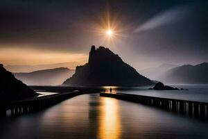 un hombre camina a lo largo un muelle en frente de un montaña. generado por ai foto