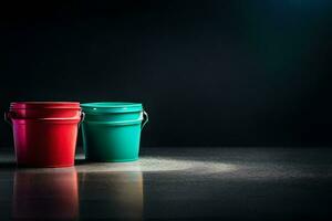 two colorful buckets on a dark surface. AI-Generated photo