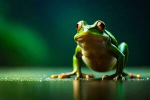 a frog is sitting on a table with a green background. AI-Generated photo