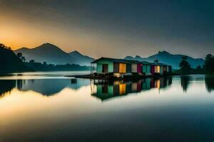 a house on a floating dock at sunset. AI-Generated photo