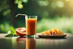 un vaso de jugo y un plato de pasta con tomate rebanadas generado por ai foto