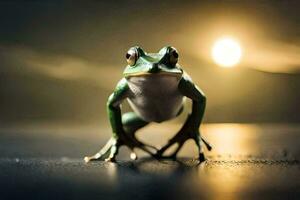 a frog is standing on its hind legs in front of the sun. AI-Generated photo