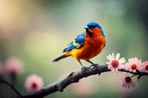 a colorful bird sits on a branch with pink flowers. AI-Generated photo