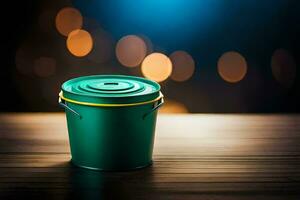 a green bucket on a wooden table with bokeh lights. AI-Generated photo