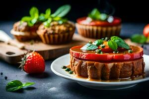 a plate with a cake and strawberries. AI-Generated photo