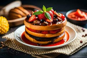 a stack of pancakes with strawberries and syrup. AI-Generated photo