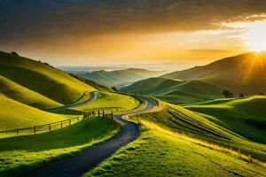the sun sets over a winding road in the hills. AI-Generated photo