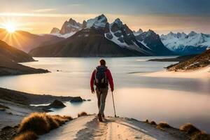 un hombre con un mochila camina a lo largo un camino en el montañas. generado por ai foto