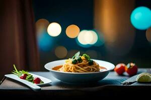 a plate of spaghetti with tomato sauce and vegetables on a wooden table. AI-Generated photo
