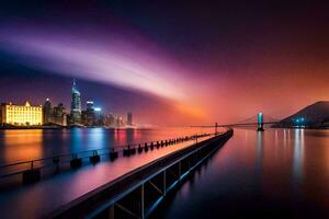 el ciudad horizonte a noche con un arco iris ligero. generado por ai foto