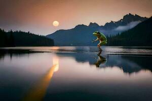 un hombre es en pie en el borde de un lago con un lleno Luna en el antecedentes. generado por ai foto