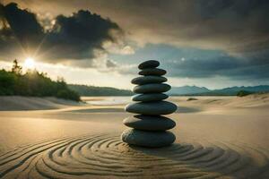 a stack of rocks in the sand at sunset. AI-Generated photo