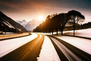 a snowy road in the mountains with the sun setting. AI-Generated photo