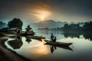 two people in a boat on the water at sunset. AI-Generated photo