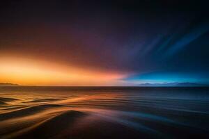 un largo exposición fotografía de el Oceano a puesta de sol. generado por ai foto