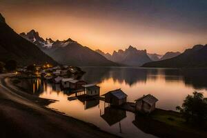 un hermosa puesta de sol terminado un lago y montaña rango. generado por ai foto