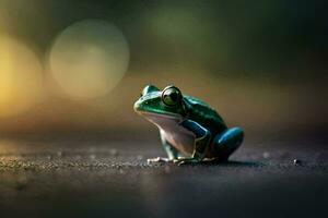 a frog sitting on the ground with a blurry background. AI-Generated photo