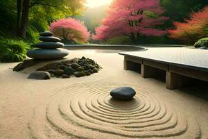 a zen garden with stones and a rock. AI-Generated photo