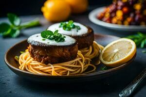 two steaks with pasta and lemon on a plate. AI-Generated photo