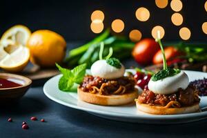 two small plates with food on them and a bottle of wine. AI-Generated photo