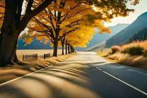 a road in the autumn with trees and mountains in the background. AI-Generated photo