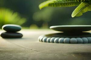 un zen jardín con piedras y un helecho. generado por ai foto