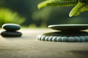 a zen garden with stones and a fern. AI-Generated photo