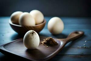 eggs on a wooden board with spices. AI-Generated photo