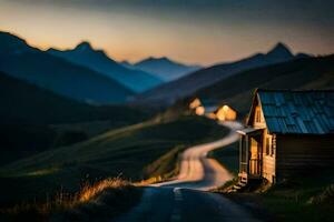 un la carretera líder a un cabina en el montañas. generado por ai foto