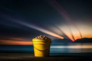 a bucket of nuts on a table in front of a sunset. AI-Generated photo