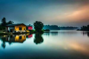 a house on the water at sunset. AI-Generated photo