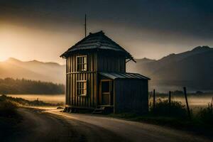 photo wallpaper the sky, fog, mountains, road, house, the sun. AI-Generated