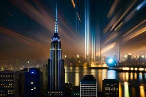 el imperio estado edificio es iluminado arriba a noche. generado por ai foto