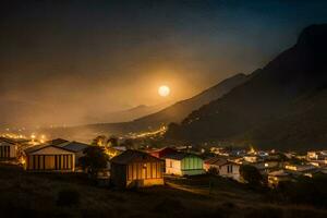 the moon rises over a village at night. AI-Generated photo