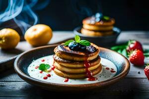 pancakes with blueberries and cream on a plate. AI-Generated photo