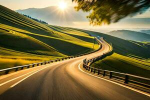 a winding road in the mountains with the sun setting. AI-Generated photo