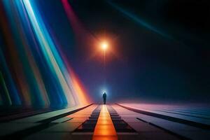 a man standing in the middle of a dark road with a light shining in the distance. AI-Generated photo
