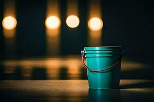 a green bucket sitting on a table in front of a lit room. AI-Generated photo