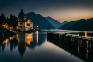 a church sits on the edge of a lake at dusk. AI-Generated photo