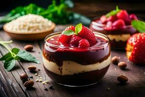 chocolate mousse dessert in a glass with berries and nuts. AI-Generated photo