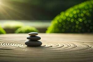 a stack of stones on top of a wooden table. AI-Generated photo