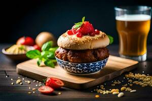 a hamburger with strawberries and a glass of beer. AI-Generated photo