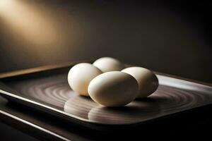 cuatro huevos en un plato en un oscuro habitación. generado por ai foto