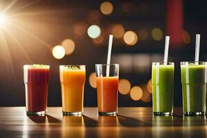 a row of different juices on a table. AI-Generated photo