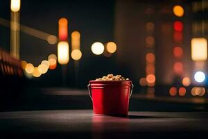 a red bucket of popcorn on a table in front of a city skyline. AI-Generated photo
