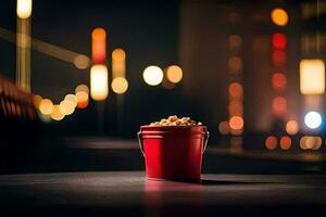 un rojo Cubeta de palomitas de maiz en un mesa en frente de un ciudad horizonte. generado por ai foto