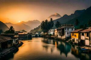 a river in a village at sunset. AI-Generated photo