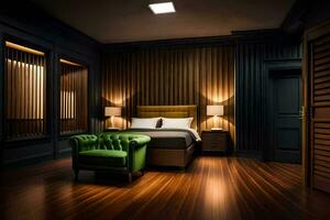 a bedroom with dark wood walls and a green chair. AI-Generated photo