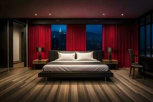 un dormitorio con un rojo cortina y de madera pisos generado por ai foto